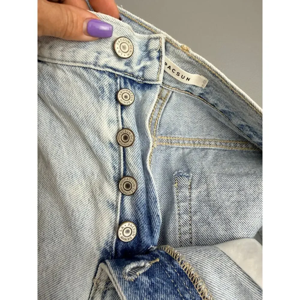 PacSun High Rise Distressed Jeans Light Wash Raw Hem Button Fly 28